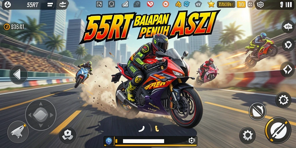 Tangkapan layar menampilkan aksi balapan motor yang mendebarkan di 55RT.