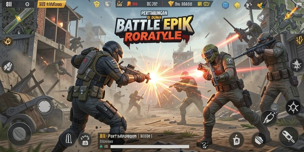 Screenshot menampilkan pertempuran intens dalam game Battle Royale 8II.