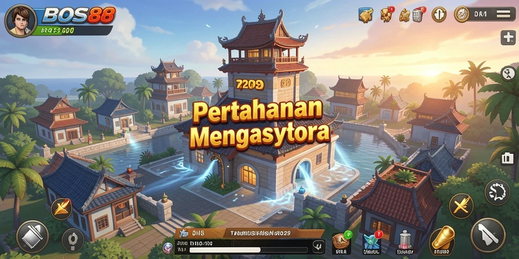 Tampilan gameplay BOS88 menampilkan menara yang aktif melawan gelombang musuh.