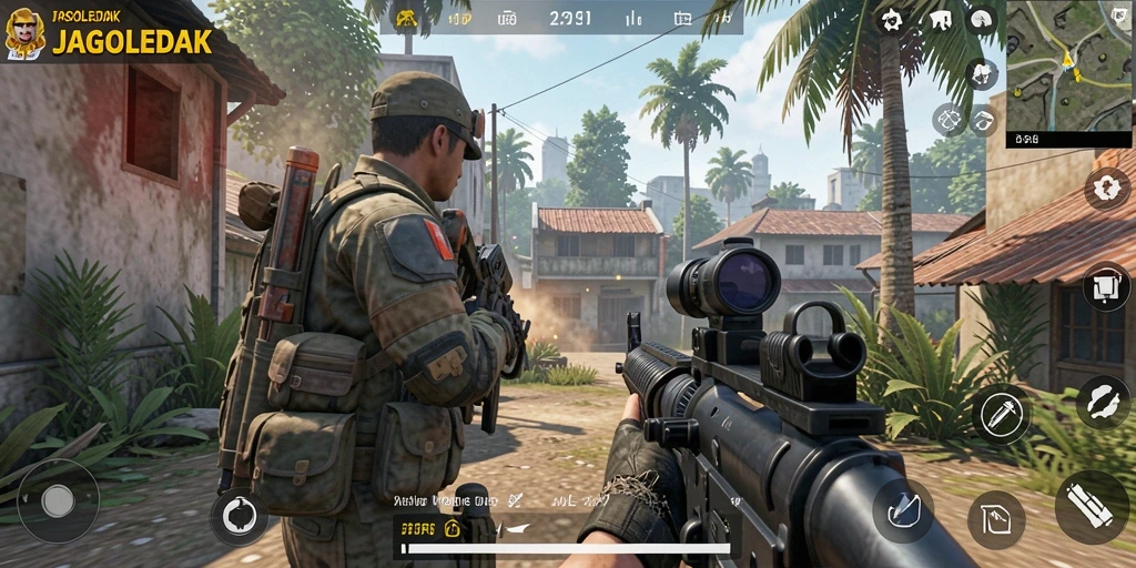 Tampilan gameplay JAGOLEDAK yang menegangkan dalam pertempuran TPS.
